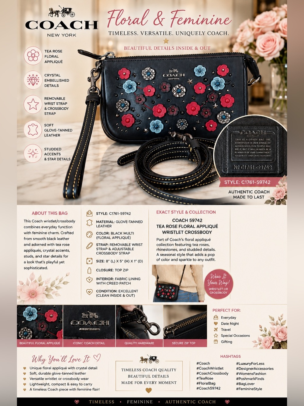 $250 MSRP- Coach Tea Rose Floral Appliqué Leather Crossbody/Wristlet